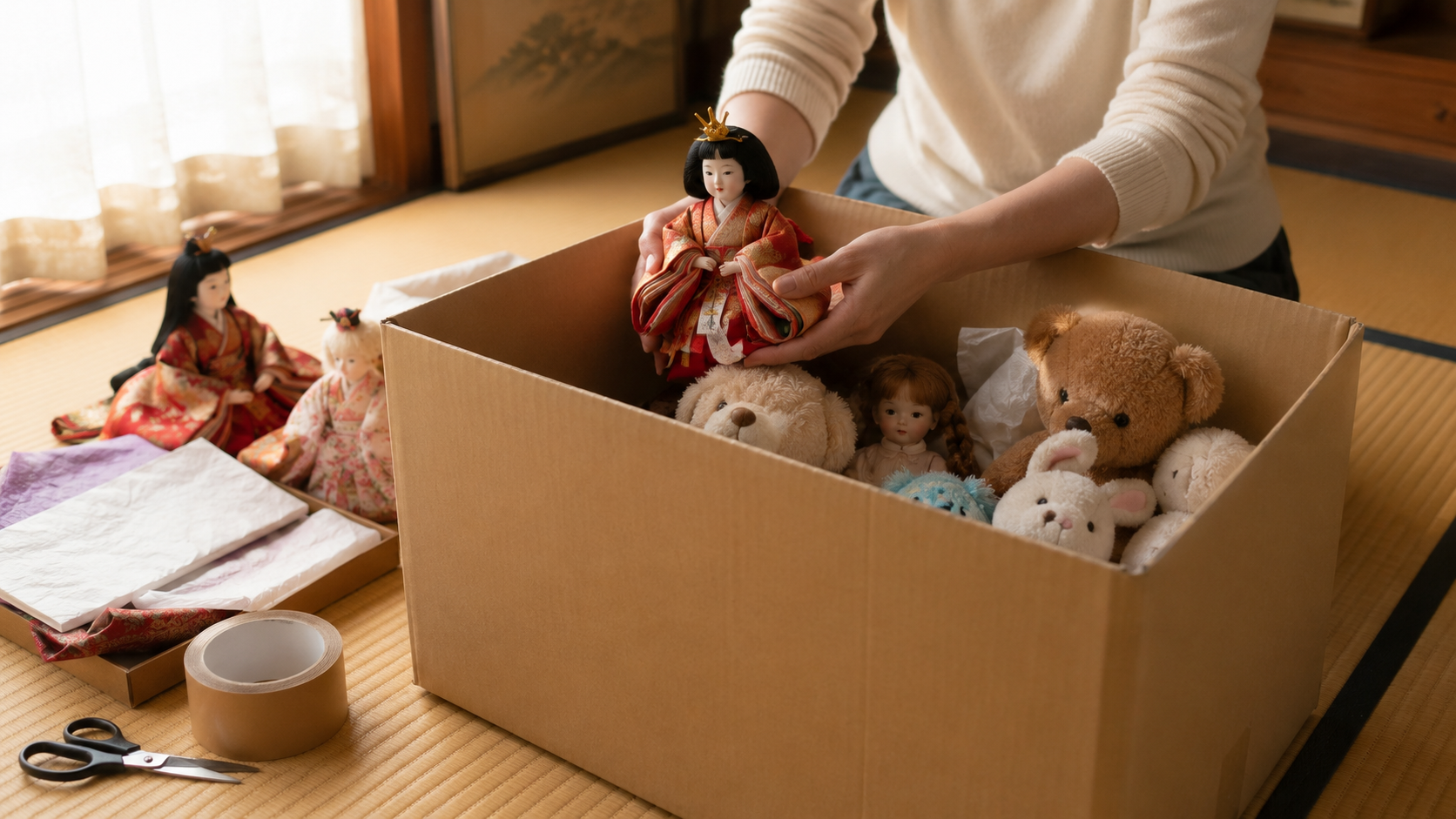 人形やぬいぐるみを段ボール箱に梱包する様子